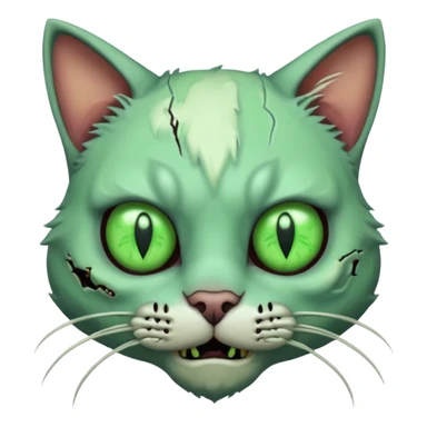 zombie cat portrait, head and shoulders only, pale fur, cracked skin patches, eerie glowing eyes, mischievous undead vibe, 3D cartoon, mobile game icon style, clean background, no text, no watermark
 sticker
