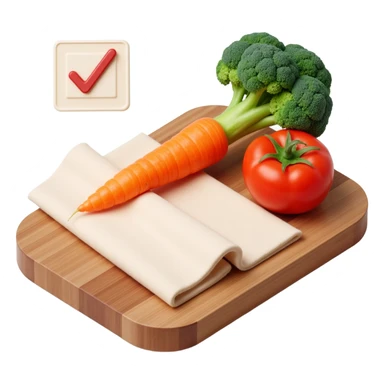 carrot tomato brocoli on the wooden cutting board with floating rolled paper list with checkbox sticker