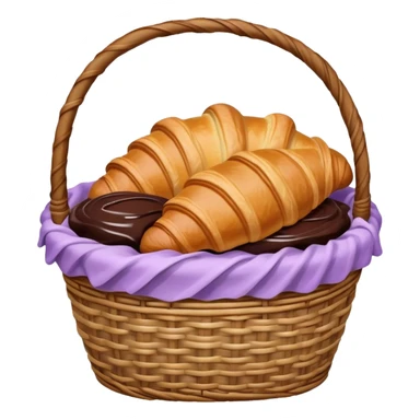 There is a croissant with chocolate syrup in a wicker pale purple basket. sticker