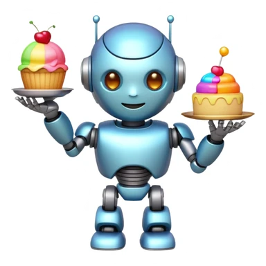 The cute robot is holding dessert in its hands, 3d emoji sticker