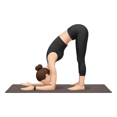 Minimalist flat vector illustration of a woman doing yoga in forward fold pose (Uttanasana), wearing sportswear (black top and black shorts), brown hair in a bun, clean white background, no face details, elegant style sticker