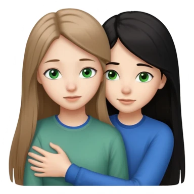 una ragazza dall‘ età di 19 anni con capelli castani chiaro lunghi e lisci ,  occhi CELESTI ,  e una ragazza di 17 anni capelli neri occhi verdi che si abbracciano   sticker