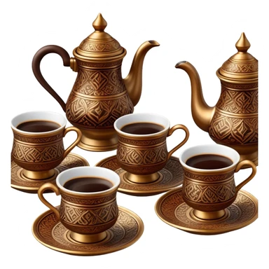 Turkish Coffee Set – Cinematic Realistic Turkish Coffee Set, depicted as an elegantly arranged ensemble of ornate coffee cups and a traditional cezve pot, adorned with intricate patterns and rich, warm colors, rendered with detailed textures and soft ambient lighting that captures its cultural heritage. sticker