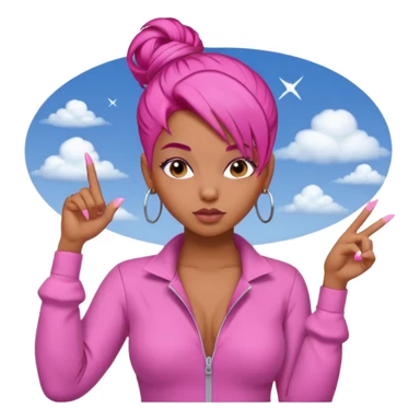 Brownskin girl , pink hair , edges ,  sassy looking pointing at the sky while pouting, pink nails, hair a slick back bun, with a pink jumpsuit  sticker