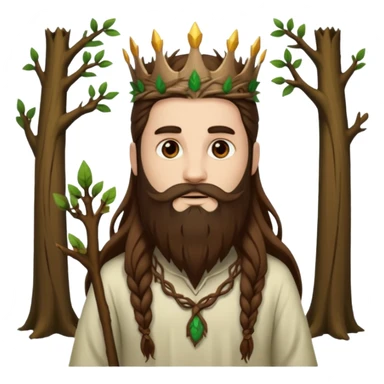 full body man long brown hair brown eyes medium beard white skin forest spirit with root crown sticker