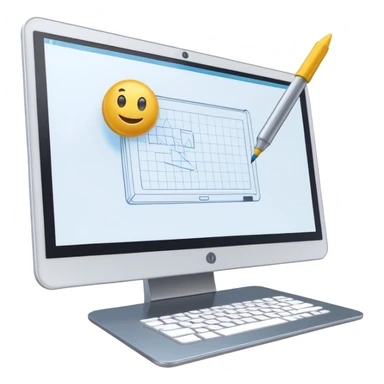 Create an emoji for 3D visualization and modeling. Show wireframe model that pops out from the screen of a large graphic tablet with a stylus drawing in a 3D modeling program. Use modern, professional colors. Do not include any emojis or smiley faces. Make the background transparent. sticker