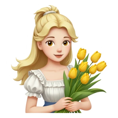  A girl with a half-up half-down hairstyle, and a white ruffled top, enjoying the spring breeze.Holding a bundle of yellow tulips sticker