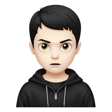 Vampire boy with the short black hair, pale-white skin, black eyes, little fangs and dark circles under his eyes. He has serious face and he wear a black oversize sweatshot sticker