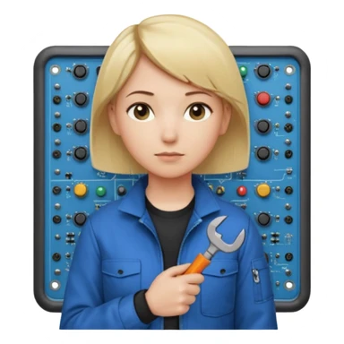 Calm and independent female engineer, fair skin, short straight blonde hair tucked behind the ears, neutral but focused expression, wearing a fitted blue utility jacket over a black crew-neck top, holding a small wrench in one hand and a circuit board in the other, waist-up, front-facing sticker