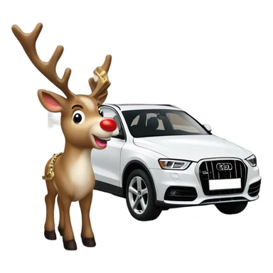 A reindeer harnessed to A white Audi Q3 with a red bridle and golden bells, set in a snowy winter scene. sticker