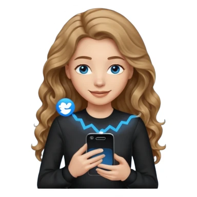 generate a pretty woman with blue eyes, light skin and medium brown long and really wavy shiny hair holding a phone she is looking at the phone while looking down at the screen. she is wearing an ALL black long sleeve. she is smiling sticker