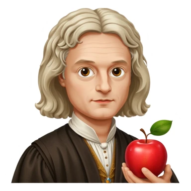 Isaac Newton wearing 17th-century aristocratic attire, hold an apple sticker