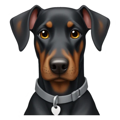 Doberman with floppy ears wearing a grey collar sticker