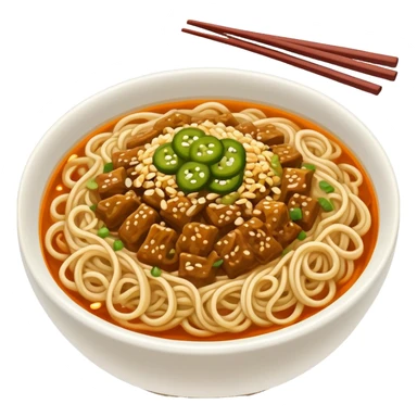 Wuhan hot dry noodles with sesame paste and pickles, simplified emoji style with bold outlines and bright colors, cartoon style Hubei breakfast Re Gan Mian sticker