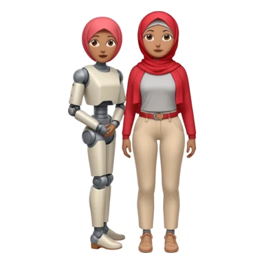 Heavy-set woman with medium-brown skin wearing a light red hijab, cream top, light red pants, tan shoes, and a grey robot leg. Standing confidently with one hand on her hip sticker