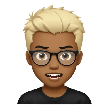 Black Male Teenager with Short punk messy blonde hair, Dark brown bushy eyebrows large expressive golden-brown eyes, wearing a plain white t-shirt, wearing thick black glasses, Dark Brown skin color. Showing off his vampire tooth sticker