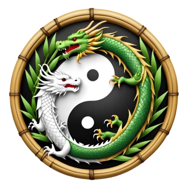An icon symbolizing Eastern martial arts in the style of an emblem, with a black-and-white Yin-Yang symbol at the center. A dragon is placed on either side, representing strength and wisdom. The design includes bamboo and traditional elements. Transparent background sticker