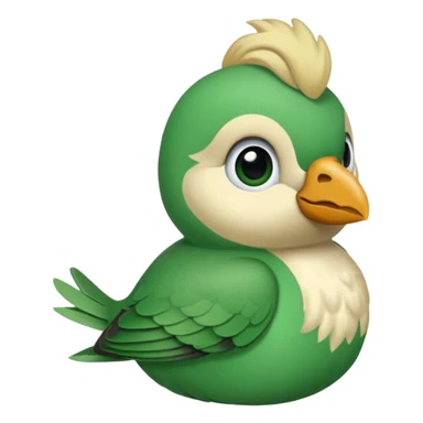 un oiseau classique de profil tout vert même sa tête  et un seul poil blond qui fait une petite bouclette sur le front avec le collier argenté avec des ronds attachés au collier est autour du coup de l’oiseau entre la tête et le corps sticker