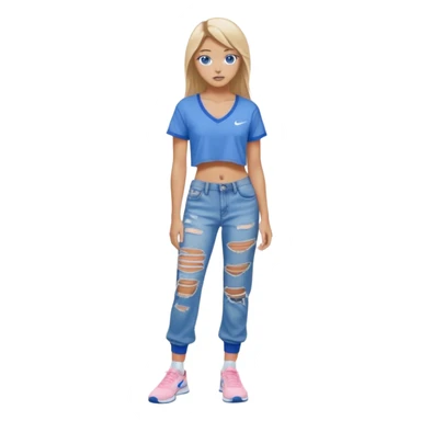 preppy teenage girl, blue eyes, tan, less blonde highlights, brown long hair, wearing ripped blue very long and very baggy jeans with a light pink sexy revealing very low neck crop top, wearing Nike shoes with Nike socks, very sexy, really really long eyelashes, very pretty sticker