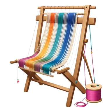 Create an icon that represents the hobby of weaving. The design should include a loom, threads, and a partially woven fabric, along with a piece of colorful fabric and sewing patterns. Include a representation of finished clothing, like a simple shirt or dress, made from the woven fabric. The composition should feel balanced and harmonious, reflecting the creative and intricate process of weaving and sewing. The background should be transparent. sticker