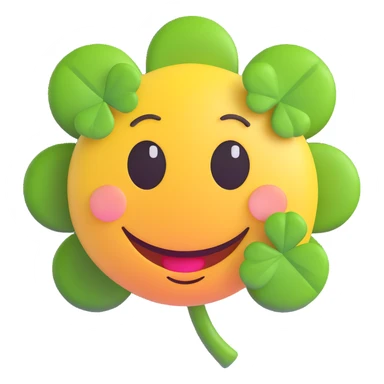 3D smiley emoji, round shape, four-leaf clover, lucky face sticker