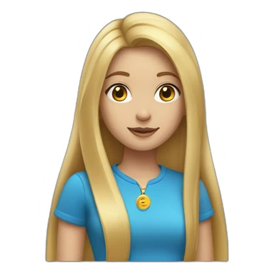blonde girl with long straight hair dressed in a blue shirt and a golden pendant sticker