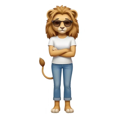 friendly anthropomorphised female lion character, full body, standing confidently with legs shoulder width apart and arms folded, wearing jeans, a white t-shirt, and dark sunglasses, with a determined expression sticker