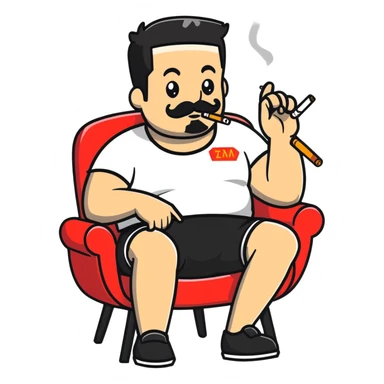 Heavy-set man leaning back in chair with legs spread, smoking cigarette, exposed belly, round face, short black hair, well-groomed beard with mustache, black t-shirt with light stripes on top portion, sleeves rolled up, black shorts, arms decorated with black graphic tattoo patterns on forearms and shoulders sticker