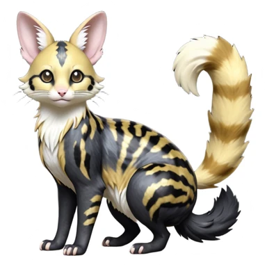 Hyper realistic  obsidian fur etched with molten gold fault-lines and dark mirror shine beautiful elegant pretty precious cute  Fakémon-Pokémon-opossum-feline-serval-caracal-chinchilla-Furret-Minccino-hybrid-creature with a big fluffy bushy tail (full body) sticker