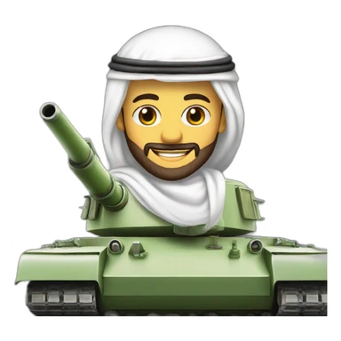 prince from Saudi Arabia with a beard in a white  shemagh national headdress riding  on a tank, smiling sticker
