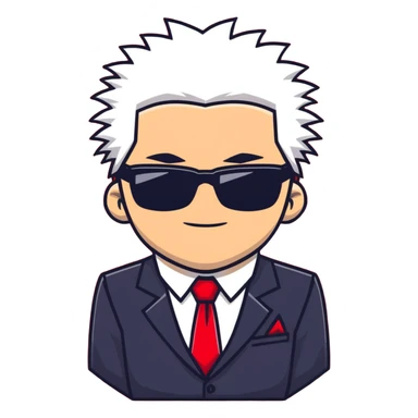Satoru Gojo character with white spiky hair, black suit, red tie, sunglasses, and confident smirk sticker