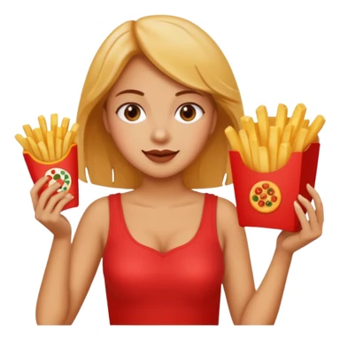 lean female holding fries on one hand and eating pizza on the other hand sticker