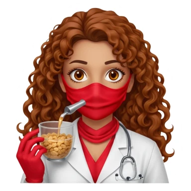 Sensual Spanish Lilith core evil surgeon.red outfit.  Surgeon has hazel eyes. Her hair is BROWN. Hair is also  long and  curly. wearing a sexy surgeon outfit with platform  heels.she is a calculated smart cereal killer. She covers only her mouth and nose with silk scarf to hide identity  sticker