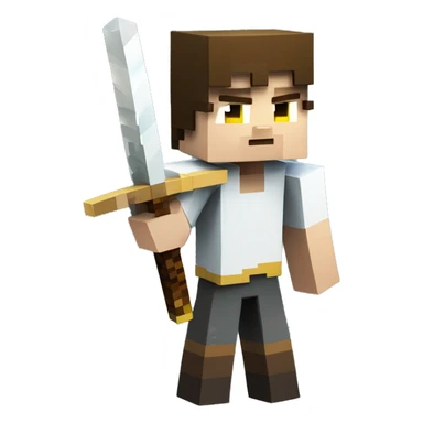 The image shows a Minecraft character with white skin, bright yellow eyes, and short brown hair. The character is holding a wooden sword and has a blocky, pixelated appearance typical of Minecraft. sticker