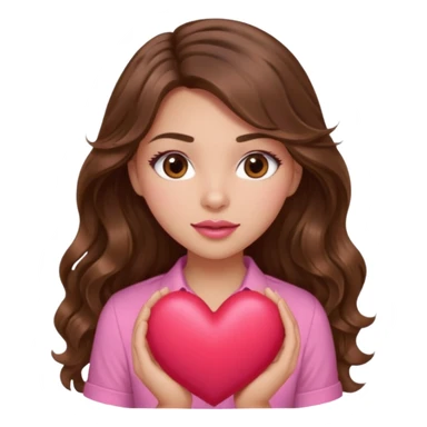 girl with long wavy brown hair, brown eyes, light to medium complexion, in a pink shirt, pink lips, long lashes, squeezing a big heart sticker