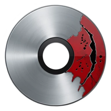 Minimalist emoji-style sticker of a single CD with a sharp crack and a dried blood spot. View from above, black, gray, and muted red.
 sticker