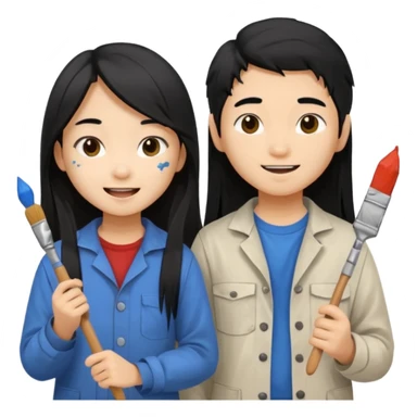 Happy Asian boy with long hair and girl messy painters sticker