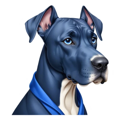 Cinematic Noble Blue Great Dane Portrait Emoji, Poised and regal, with a towering, muscular build and a sleek, well-groomed deep blue Fur, deep-set soulful steel-blue eyes, Simplified yet sharp and sophisticated features, highly detailed, glowing with a cool, dignified glow, high shine, intelligent and commanding, stylized with an air of majesty, focused and attentive, soft glowing outline, capturing the essence of a watchful and authoritative guardian, so majestic it feels as though it could stride out of the screen with effortless authority! sticker