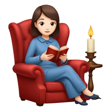 symbol of relaxation, a person relaxing on an armchair, a steaming cup of tea, a lit candle, and a book, all together, isolated on white background sticker