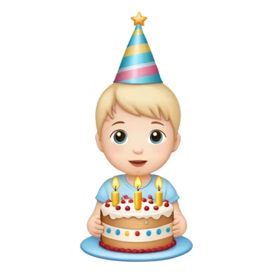 cute baby wearing birthday hat with birthday cake sticker