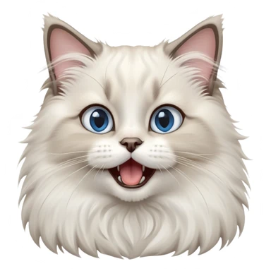 cinematic-adorable-big-eyed-fluffy-ragdoll-cat-portrait-emoji,-head-tilted-playfully-with-a-cute,-yawn,-white and grey fur,-simplified-yet-irresistibly-cute-features, blue eyes sticker