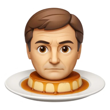flan dessert sculpted as the bust and head of François Fillon, realistic flan texture, caramel hair, on a round white plate sticker