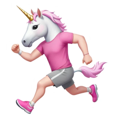 friendly anthropomorphised male white unicorn with a stocky, strong build, white arms and legs, wearing grey shorts and pink t-shirt, dark sunglasses, jogging upright in a relaxed pose sticker