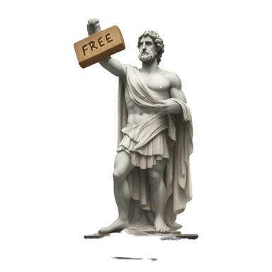 Greek god statue holding a board saying free sticker
