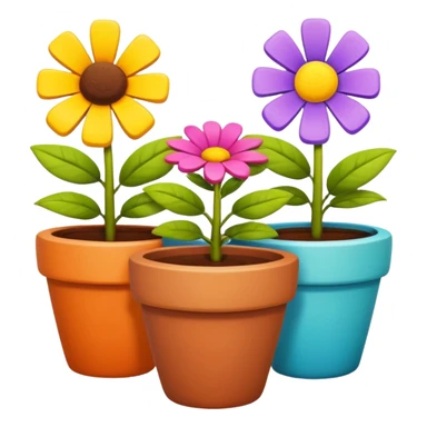 flower pots object icon, colorful plant pots with blooming flowers, ceramic and clay textures, vibrant garden vibe, 3D cartoon style, mobile game icon style, centered composition, clean background, no text, no watermark
 sticker