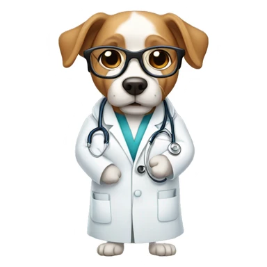 A dog doctor with glasses and a robe sticker