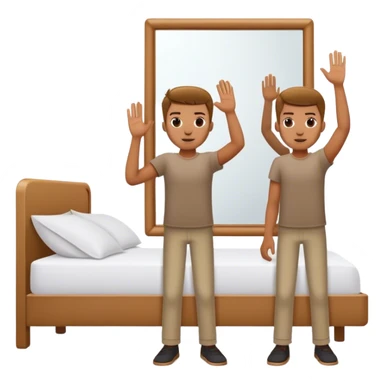 A person stands beside their bed, rolling out groggily with determination. The bed behind them is neatly made, a mirror in front of them shows them high-fiving their reflection. A glowing sunrise outside signals the start of a productive day. sticker