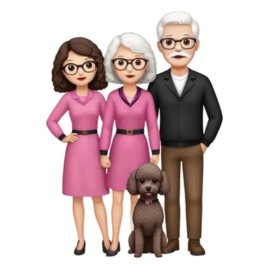 Family of four. The dad has white hair, glasses and a mustache. Mom has brown hair. Kids are in mid twenties a brunette girl wearing pink clothes and a brunette boy wearing black. They have two dogs small poodle mix where one is white and one is light brown sticker