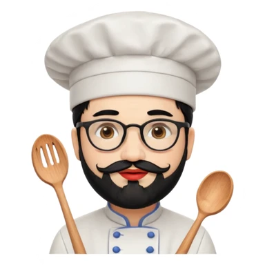 CHEF CON PIEL BLANCA, GORRO DE CHEF, PELO NEGRO Y BARBA NEGRA, OJOS MARRON OSCURO Y GAFAS DE PASTA NEGRAS. SONRIE Y TIENE MARCAS DE BESOS CON FORMA DE LABIOS EN LAS MEJILLAS (COMO MANCHAS DE PINTALABIOS) sticker
