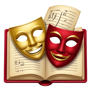 Create a bold and dramatic emoji representing the art of playwriting. The design should feature an open script or a theater playbook, with stylized text lines or dramatic dialogue inside. Include elements like a theatrical comedy and tragedy masks, a stage spotlight, or a writting quill to symbolize creativity and performance. Use deep, contrasting colors like red, black, and gold to evoke the intensity and passion of drama. The overall design should feel dramatic, inspiring, and artistic. Make the background transparent. sticker